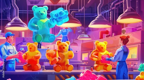 Vibrant cartoon gummy bear factory with chewy candies and enthusiastic employees