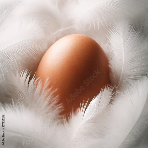 portrait of a whole egg yolk covered in soft white chicken feathers