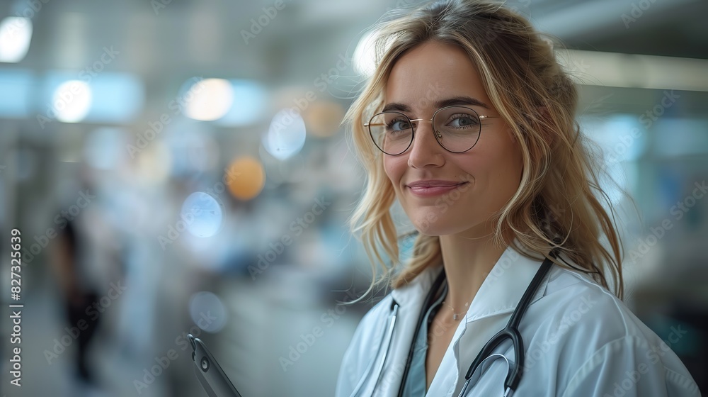 female doctor in hospital looking at digital tablet