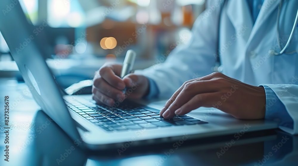 Fototapeta premium doctor medical professional working on laptop focus on stethoscope physician therapist or practitioner filling medical documents