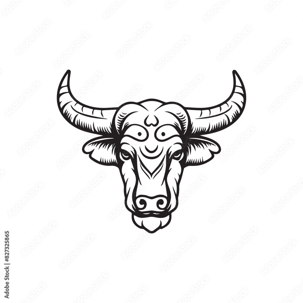 Buffalo head black and white illustration on white background. Buffalo head black and white illustration on white background.