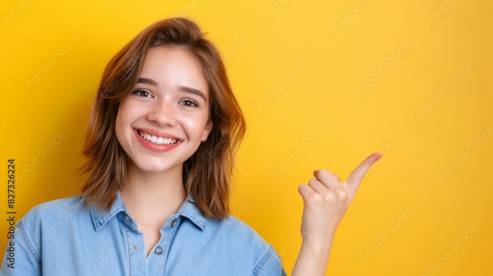 Smiling Woman Pointing Sideways Smiling Woman Pointing Sideways