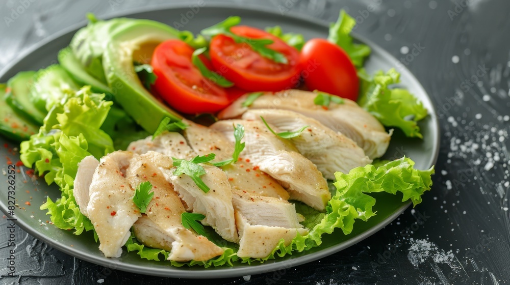 Fresh chicken salad with avocado and tomato slices on dark background