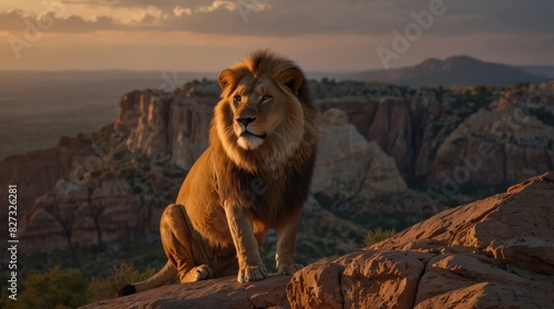 a lone lion stands atop a rocky outcrop
