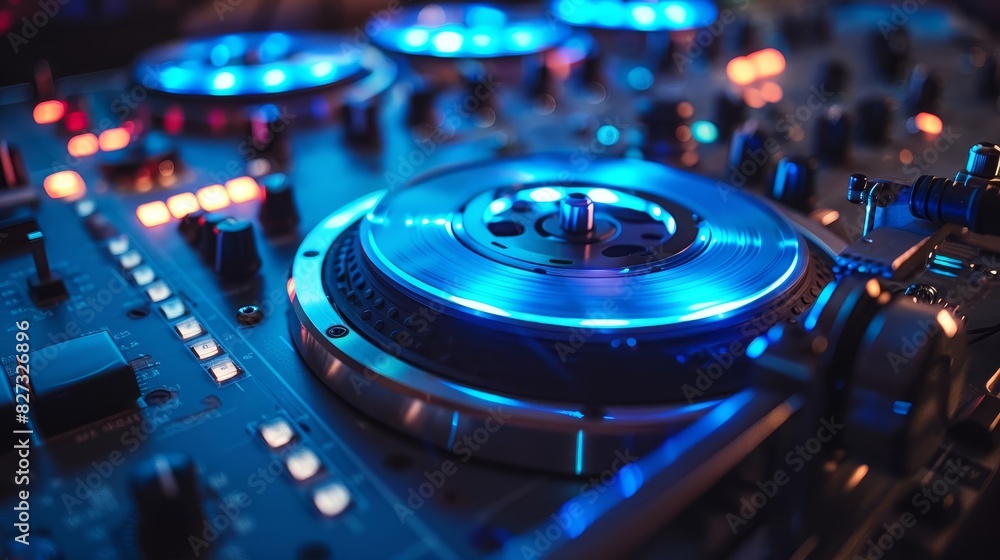 Obraz premium Create a detailed turntable with a blue light shining on it. Make it look like it is in a club setting.