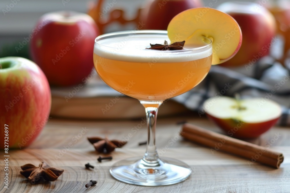 Seasonal apple cocktail garnished with a slice and star anise, surrounded by fresh apples Seasonal apple cocktail garnished with a slice and star anise, surrounded by fresh apples