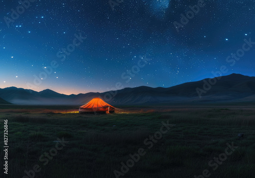 A glowing orange tent in the wilderness under starry sky  mountains and grassland background  high definition photography