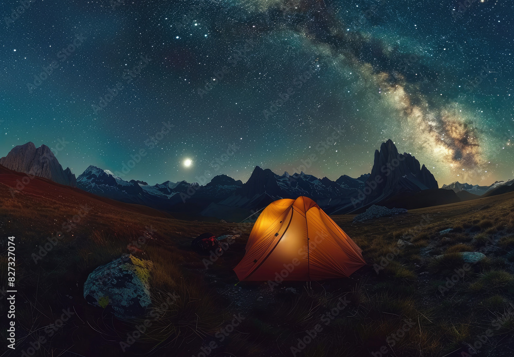 A glowing orange tent in the wilderness under starry sky, mountains and grassland background, high definition photography