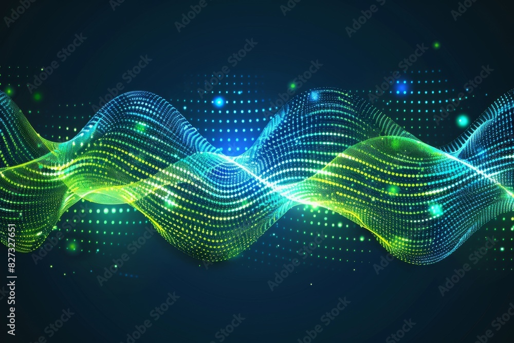 Digital wave of green and blue DNA strands with glowing particles on a dark background, abstract molecular biology and genetics illustration Digital wave of green and blue DNA strands with glowing particles on a dark background, abstract molecular biology and genetics illustration
