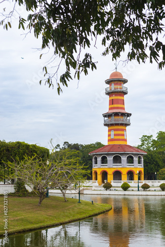 Sages Look-out or Ho Withun Thasana on small island in the middle of the lake at Bang Pa-In Palace Ayutthaya Thailand. Is observatory tower build in 1881 for viewing the surrounding landscape.