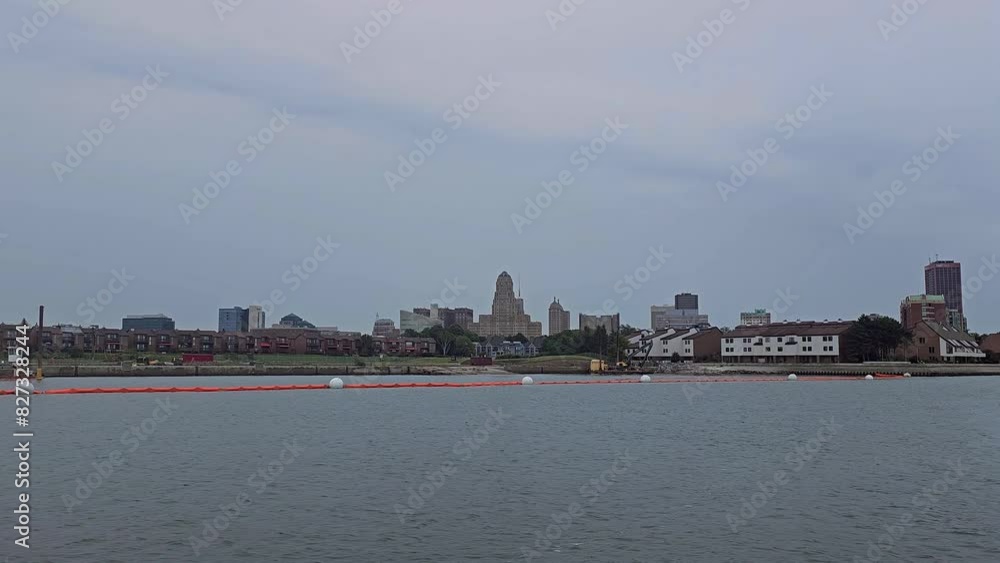 View of Buffalo city Downtown while traveling on a boat in the Niagara River in New York, USA View of Buffalo city Downtown while traveling on a boat in the Niagara River in New York, USA