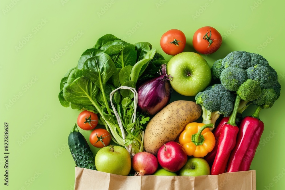 Shopping or delivery healthy food background. Healthy vegan vegetarian food in paper bag vegetables and fruits on green, copy space. Food supermarket and clean vegan eating concept - generative ai Shopping or delivery healthy food background. Healthy vegan vegetarian food in paper bag vegetables and fruits on green, copy space. Food supermarket and clean vegan eating concept - generative ai