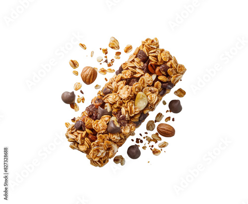 Healthy granola cereal bars with oats, nuts, and chocolate of stacked almond granola bars with loose almonds on transparent background Ai generative.