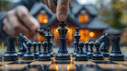 strategy board game checkmate vision or contest playing hands or chess knight on a house photo