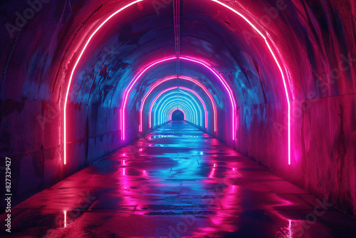 Tunnel with neon lights in pink and blue   wet floor in a futuristic style   in the style of futuristic photography.