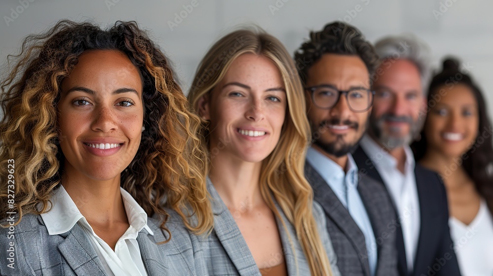 Obraz premium group of business colleagues gazing at camera with grins attractive leader in front of a white background