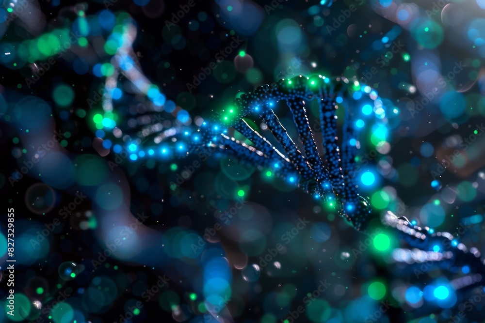 Green and blue DNA helix with a neon glow on a digital background, depicting advanced molecular biology and genetic innovation Green and blue DNA helix with a neon glow on a digital background, depicting advanced molecular biology and genetic innovation