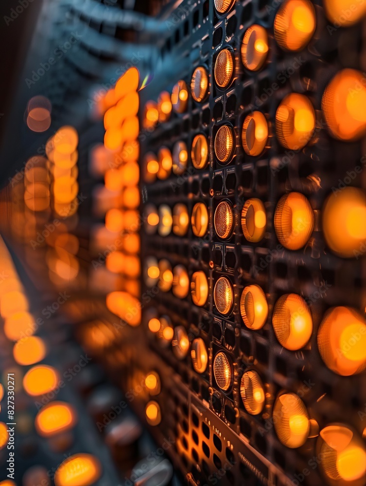Photograph of the inside of a 1960s computer. Warm orange lights are blinking. Close up of the circuitry. Photograph of the inside of a 1960s computer. Warm orange lights are blinking. Close up of the circuitry.
