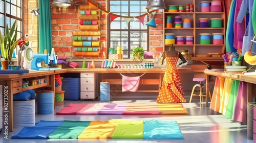 Whimsical cartoon sewing studio with colorful fabrics and talented seamstresses