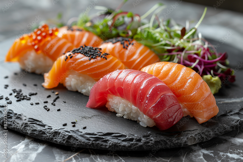 Elegant Selection of Nigiri Sushi on Slate Plate Elegant Selection of Nigiri Sushi on Slate Plate