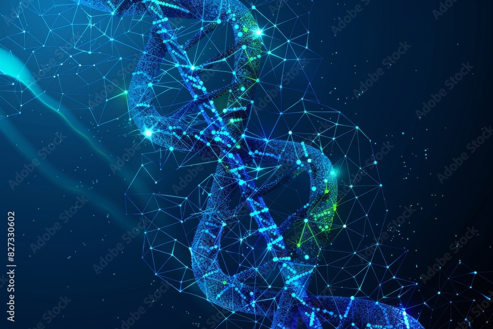 Digital wireframe DNA helix in neon blue, cutting edge technology and molecular biology combined in a futuristic visualization Digital wireframe DNA helix in neon blue, cutting edge technology and molecular biology combined in a futuristic visualization