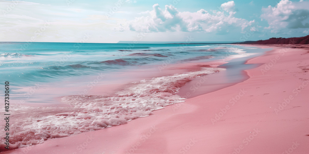 Serene beach with pink sand and turquoise waves