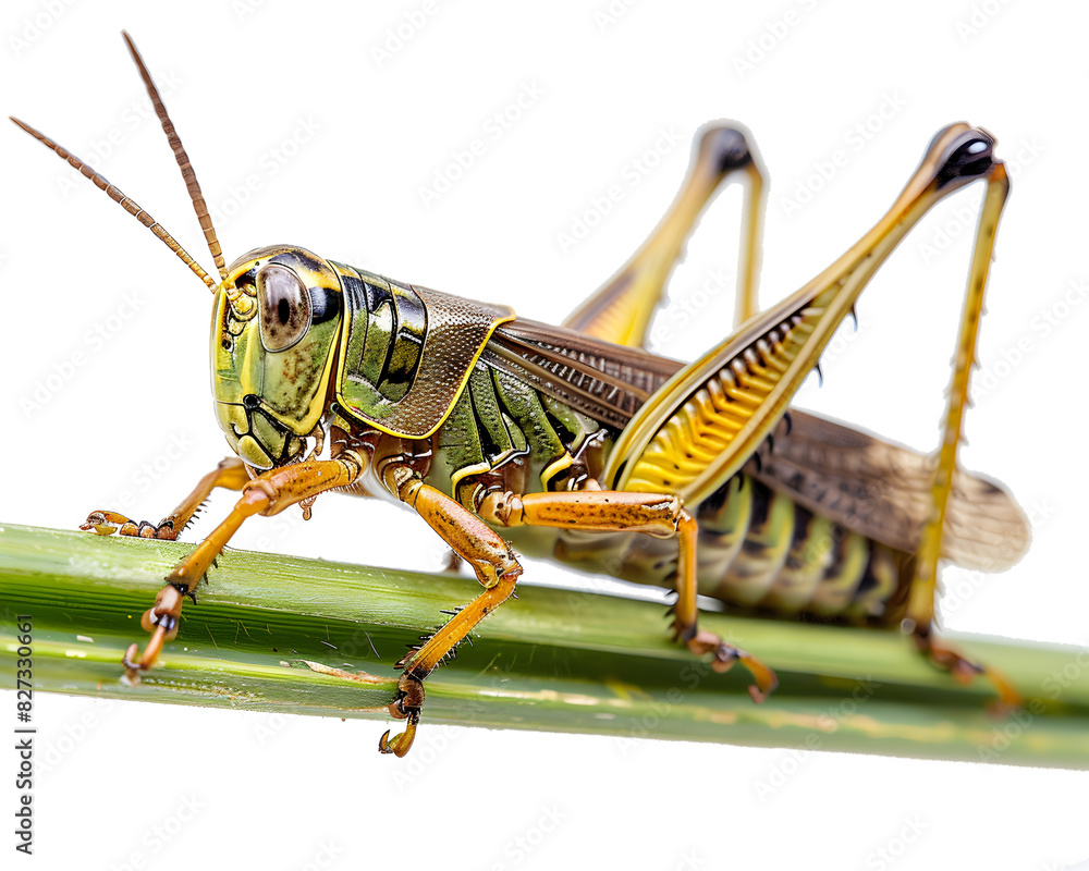 Grasshopper on green branch on transparent background