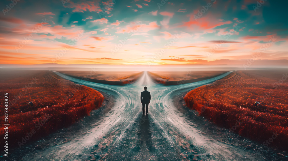 Fotografie Man at crossroads during a vibrant sunset