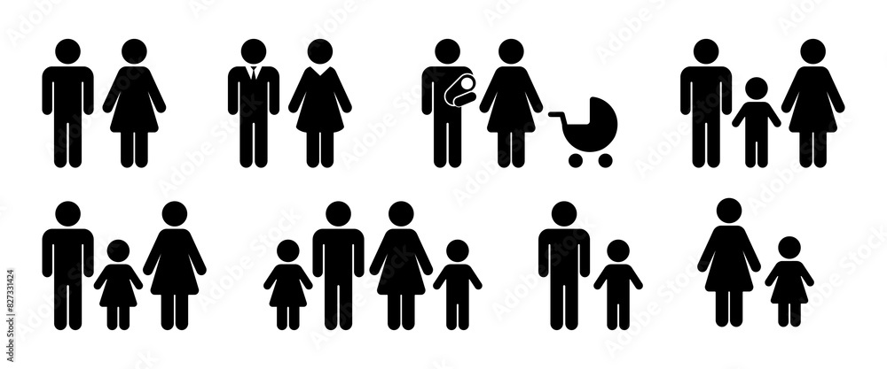 Collect family silhouettes. Set of silhouettes of people. Set of people icons in black and white – man, woman and child. Collect family silhouettes. Set of silhouettes of people. Set of people icons in black and white – man, woman and child.