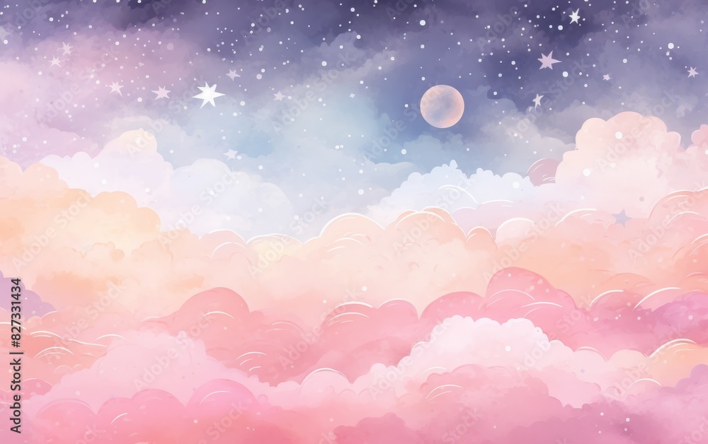 Beautiful dreamy sky with soft pastel-colored clouds, twinkling stars, and a serene moon creating a tranquil and whimsical atmosphere. Beautiful dreamy sky with soft pastel-colored clouds, twinkling stars, and a serene moon creating a tranquil and whimsical atmosphere.