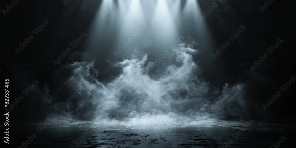 empty stage with a spotlight on Dark grey backgroundfor product presentation in a studio dark room. Spotlight on stage with smoke effect creating a dramatic and mysterious atmosphere for performances
