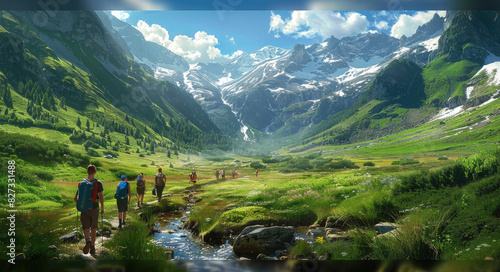 A group of young people hiking in the green valley, surrounded by mountains and rivers, with sunshine shining on their faces