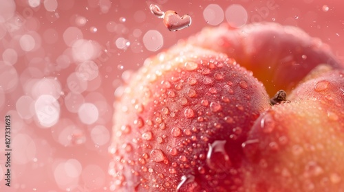 Stunning close-up of a ripe peach caught in a lively splash, highlighting the fruit's succulence and vibrant texture against a soft pink backdrop. Generative Ai