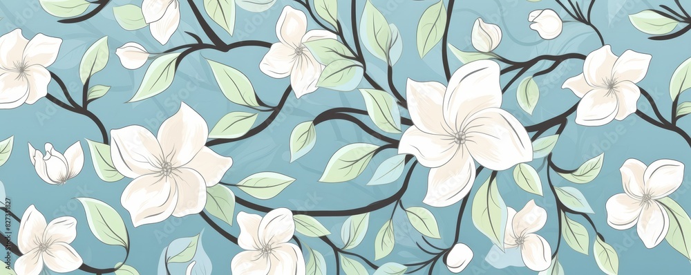 Fototapeta premium Seamless floral pattern of white magnolia flowers on teal background. Elegant botanical design perfect for fabric, wallpaper, and decor.