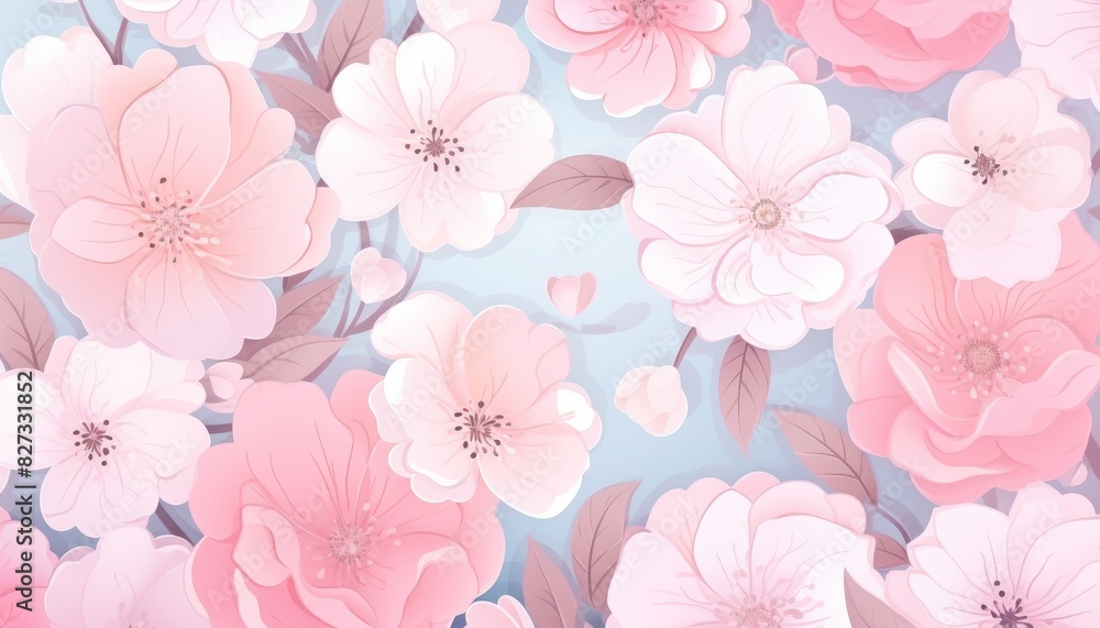Seamless pastel floral pattern with pink and white blossoms on a soft blue background, perfect for spring and wedding designs. Seamless pastel floral pattern with pink and white blossoms on a soft blue background, perfect for spring and wedding designs.