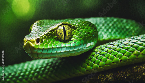 Green viper snake on branch. Green insularis snake face, dangerous animal closeup.