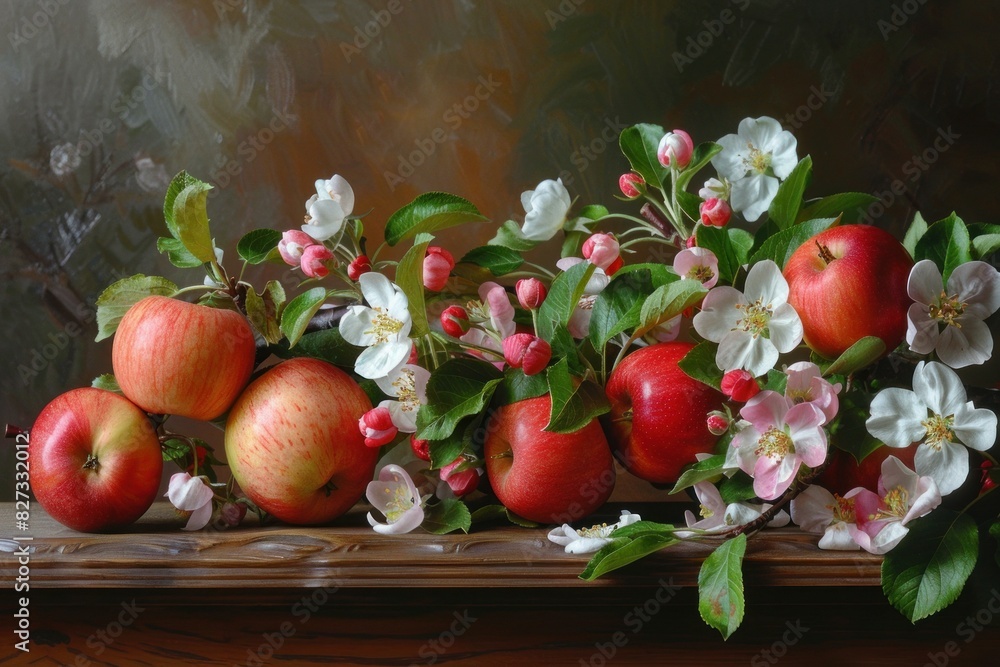 Vibrant still life showcasing ripe apples and delicate blossom branches on a wooden surface Vibrant still life showcasing ripe apples and delicate blossom branches on a wooden surface