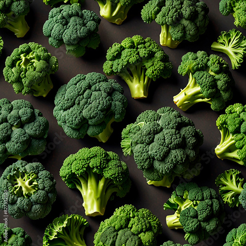 Green broccoli on a dark background in a pattern, creating a striking visual contrast.