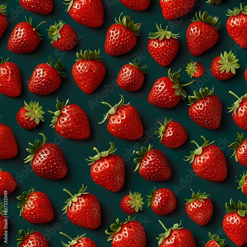 Red strawberries with green leaves on a dark background in a pattern, creating a striking visual contrast.