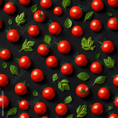 Red tomatoes with green leaves on a dark background in a pattern, creating a striking visual contrast.