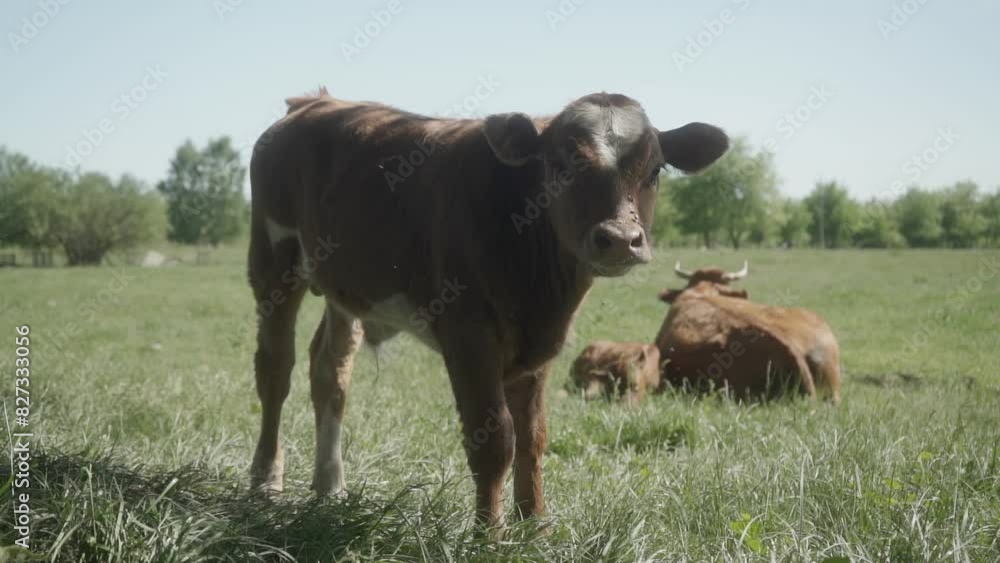 A young red bull is grazing on a free range. A cow cub in a meadow. Breeding cows on an agricultural livestock farm. A young red bull is grazing on a free range. A cow cub in a meadow. Breeding cows on an agricultural livestock farm.