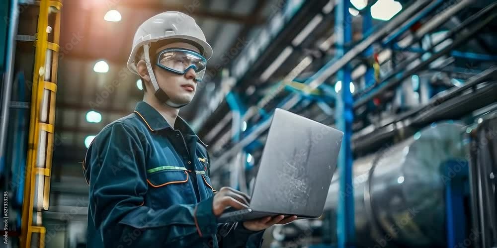 An engineer in safety gear holds a laptop at an industrial factory, Engineering work, safety equipment, industrial setting image An engineer in safety gear holds a laptop at an industrial factory, Engineering work, safety equipment, industrial setting image