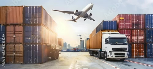 A cargo truck sits before a dock filled with stacked containers, Industrial transport, Shipping logistics concept photo