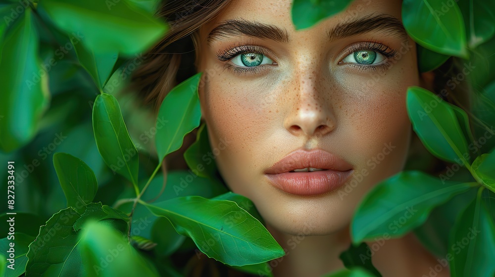 closeup face of woman and leaves for natural skincare closeup face of woman and leaves for natural skincare