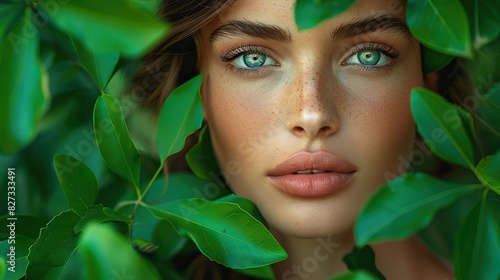 closeup face of woman and leaves for natural skincare