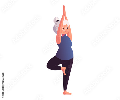 Senior woman going balance exercise, yoga. Elderly woman standing on one leg. Elderly person moves towards longevity, healthy lifestyle. Vector cartoon illustration