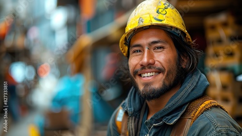 civil engineer hispanic smiling with constuction backgrounds photo