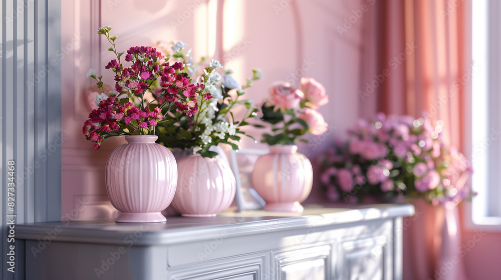 a traditional gray sideboard adorned with blush pink ceramic vases, displaying fresh flowers a traditional gray sideboard adorned with blush pink ceramic vases, displaying fresh flowers