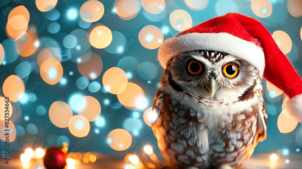 Christmas owl in santa hat on festive background for advertisements and postcards with text space Christmas owl in santa hat on festive background for advertisements and postcards with text space