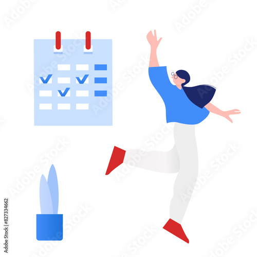 Excited woman jumping near calendar